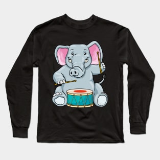 Funny elephant is playing the drum Long Sleeve T-Shirt